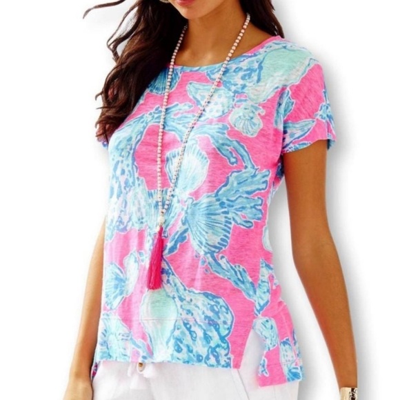 Lilly Pulitzer Mikela Top XXS Linen Pink Pout Barefoot Princess Blue Shells - Picture 2 of 5